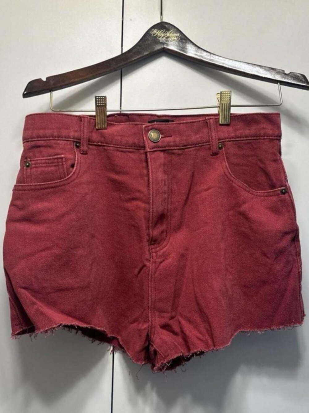 Nasty Gal High Waisted Denim Shorts with Star Back Detail in Burgundy